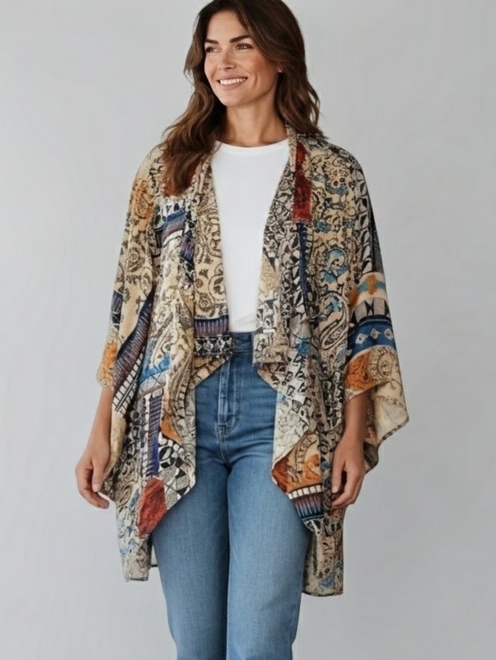 Unique Spectrum Cream Multi-Color Bohemian Kimono Cardigan Sz. XXL